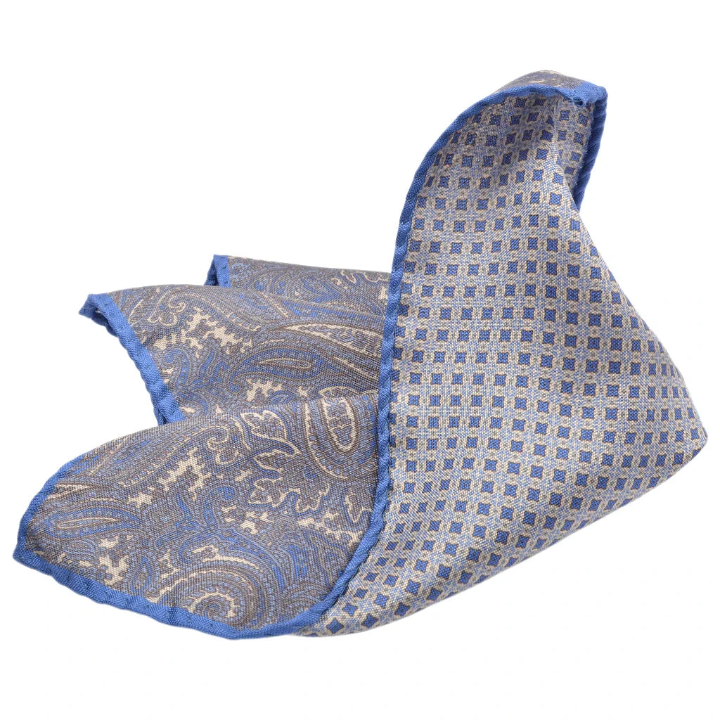 French Blue Paisley/Medallion Patterned Reversible Silk Pocket Square - DION 3 French Blue Paisley/Medallion Patterned Reversible Silk Pocket Square - DION
