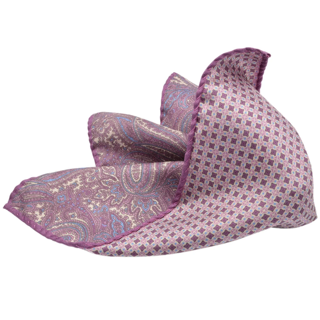 Lilac Paisley/Medallion Patterned Reversible Silk Pocket Square - DION 3 Lilac Paisley/Medallion Patterned Reversible Silk Pocket Square - DION
