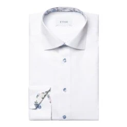 White Floral Print Effect Solid Signature Twill Slim Fit Shirt - ETON