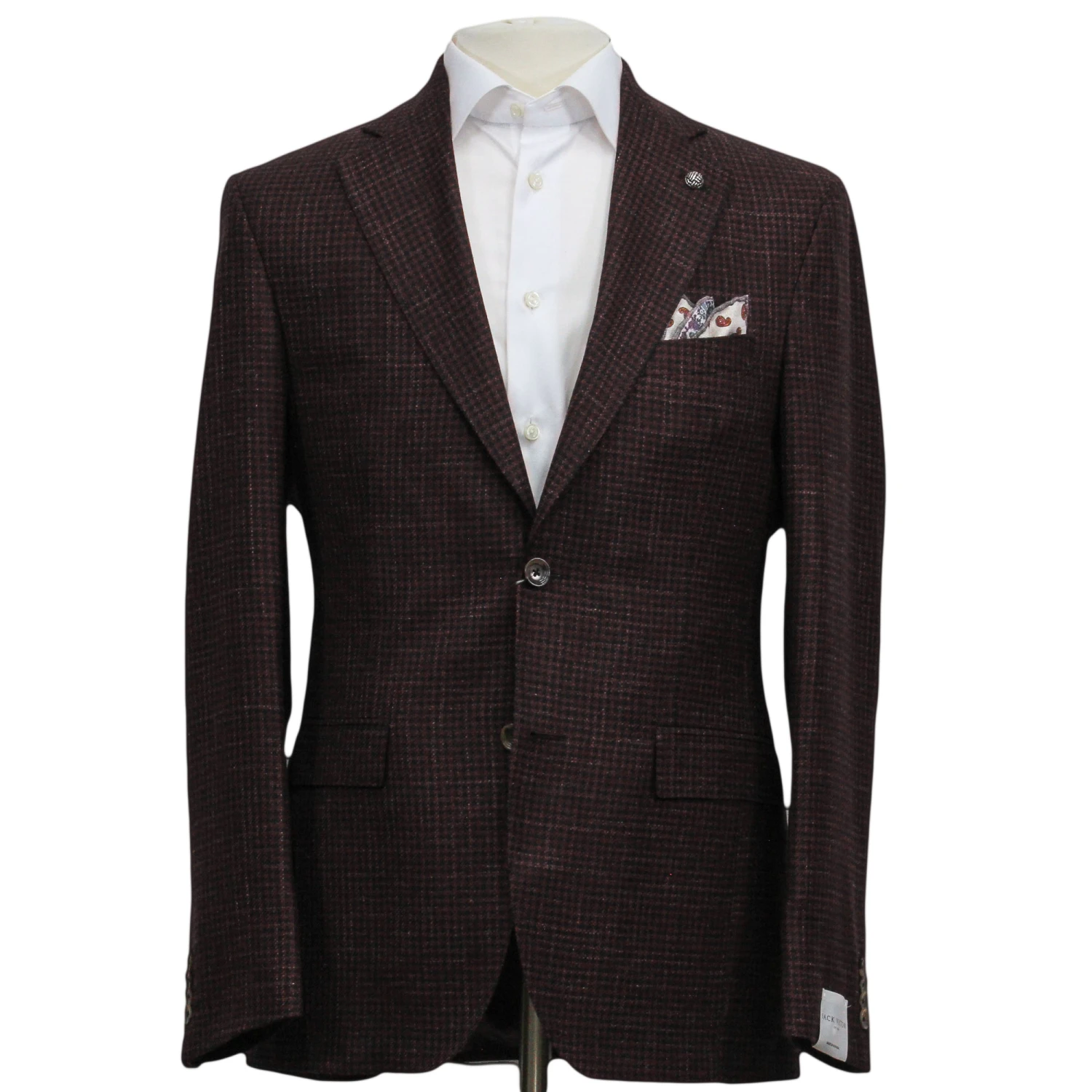 Bordeaux Houndstooth Wool/Silk/Linen Montana Contemporary Sport Jacket - Jack Victor 3 Bordeaux Houndstooth Wool/Silk/Linen Montana Contemporary Sport Jacket - Jack Victor