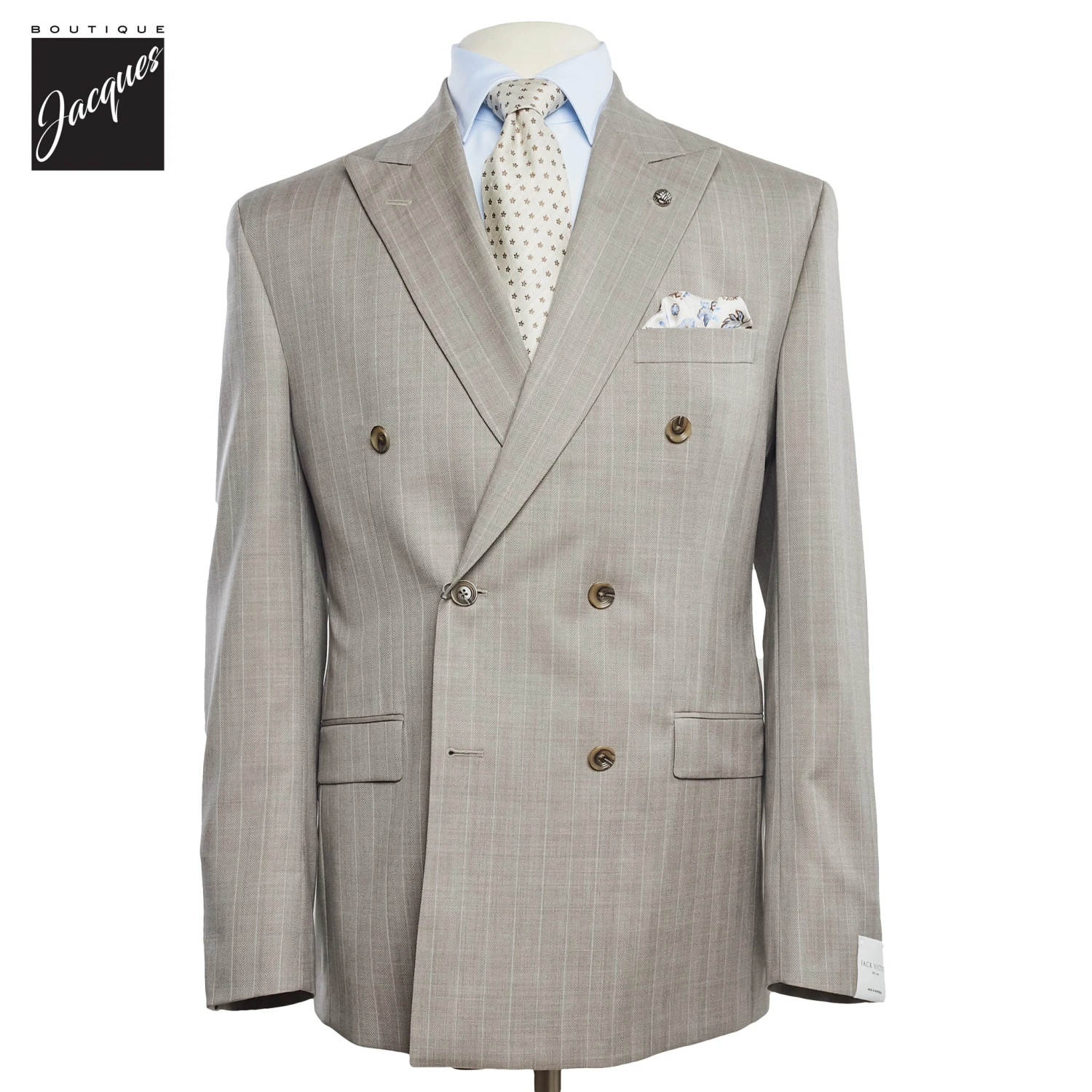Sand Striped Double Breasted Ernest Modern Fit Wool Suit - Jack Victor 3 Sand Striped Double Breasted Ernest Modern Fit Wool Suit - Jack Victor