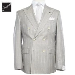 Light Gray Striped Double Breasted Wool Merlin Contemporary Fit Suit - Jack Victor 1913