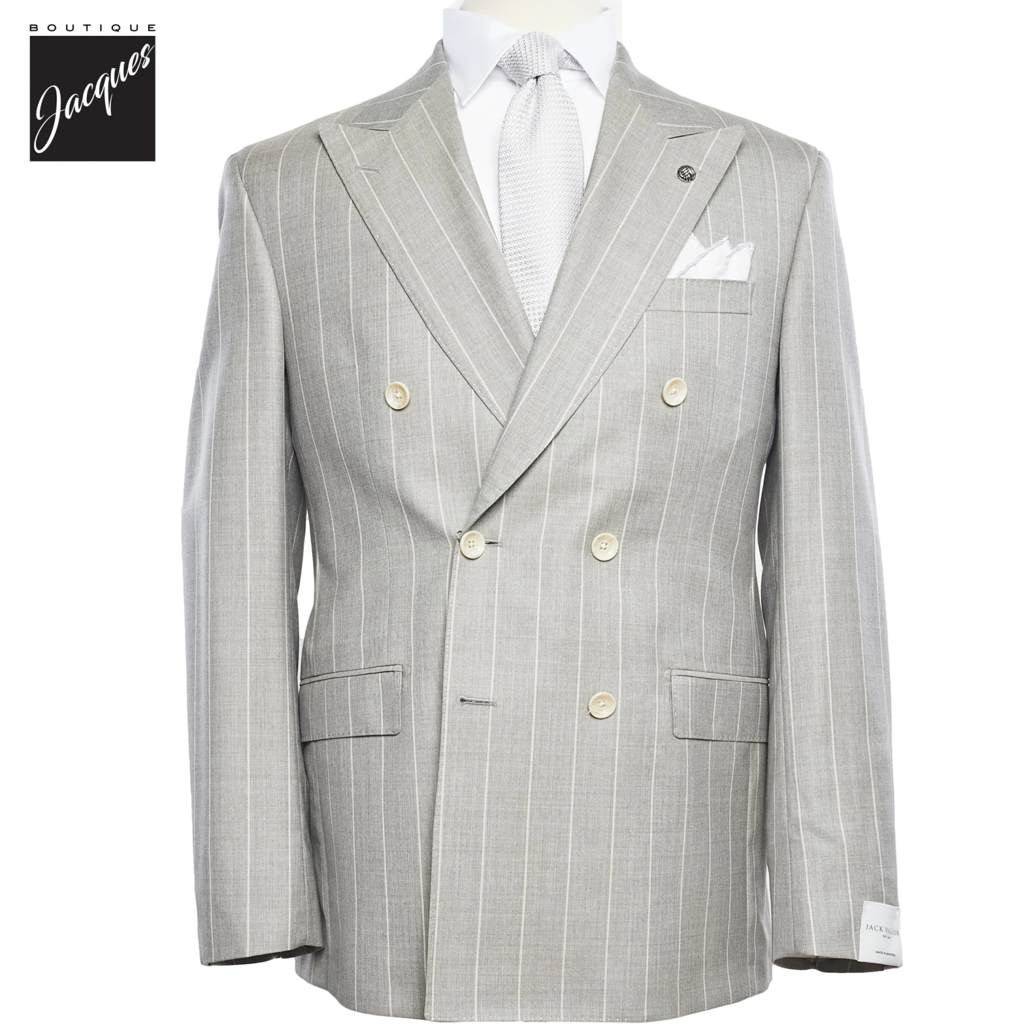 Light Gray Striped Double Breasted Wool Merlin Contemporary Fit Suit - Jack Victor 1913 3 Light Gray Striped Double Breasted Wool Merlin Contemporary Fit Suit - Jack Victor 1913