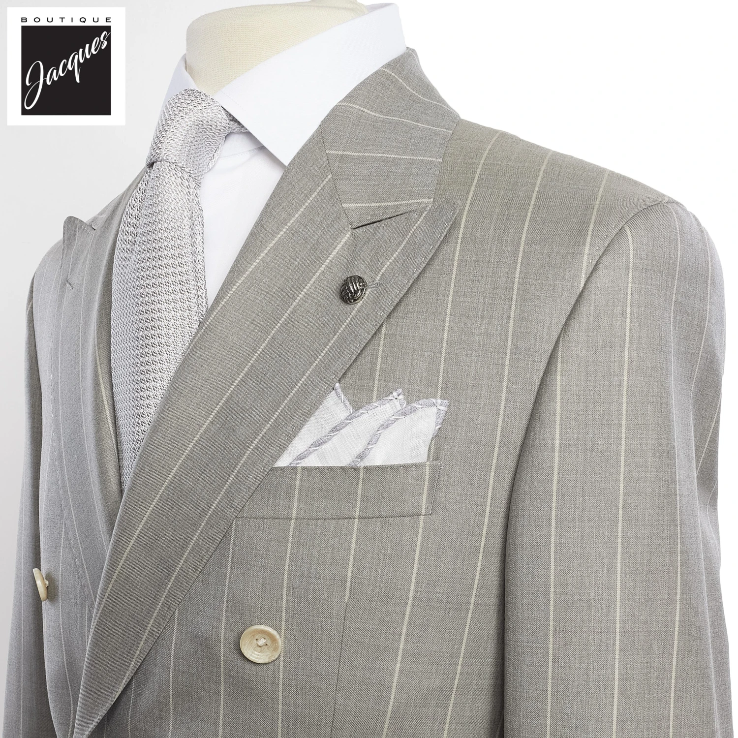 Light Gray Striped Double Breasted Wool Merlin Contemporary Fit Suit - Jack Victor 1913 4 Light Gray Striped Double Breasted Wool Merlin Contemporary Fit Suit - Jack Victor 1913 - Image 2