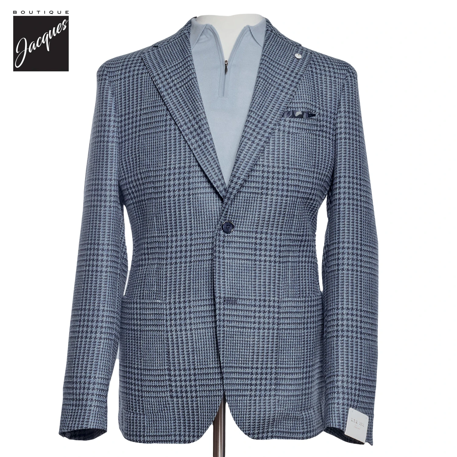 Blue Houndstooth/Check Wool-Silk-Linen Unconstructed Sport Jacket - L.B.M 1911 3 Blue Houndstooth/Check Wool-Silk-Linen Unconstructed Sport Jacket - L.B.M 1911