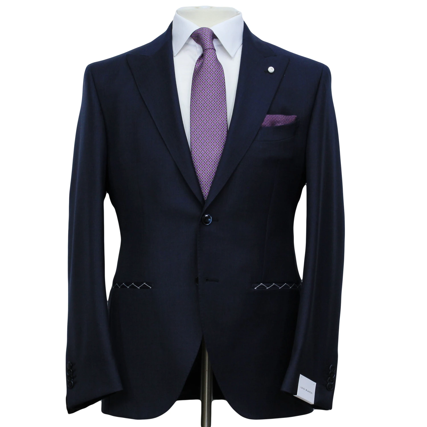 Navy Blue Nailhead Wool Mantua Slim Fit Suit Peak Lapel - Luigi Bianchi 3 Navy Blue Nailhead Wool Mantua Slim Fit Suit Peak Lapel - Luigi Bianchi