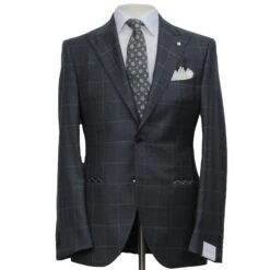 Gray Windowpane Wool Mantua Slim Fit Suit Peak Lapel - Luigi Bianchi