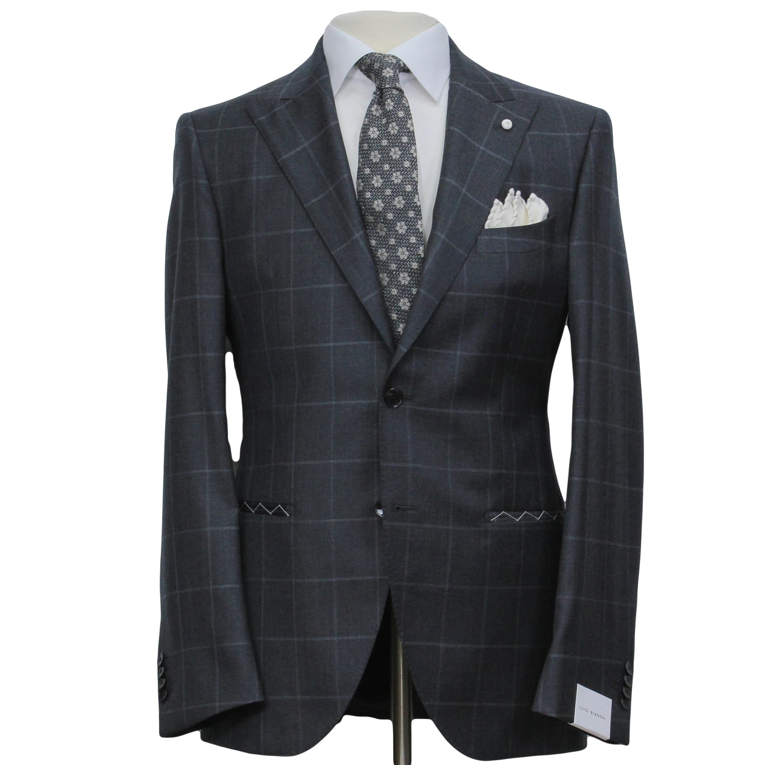 Gray Windowpane Wool Mantua Slim Fit Suit Peak Lapel - Luigi Bianchi 3 Gray Windowpane Wool Mantua Slim Fit Suit Peak Lapel - Luigi Bianchi