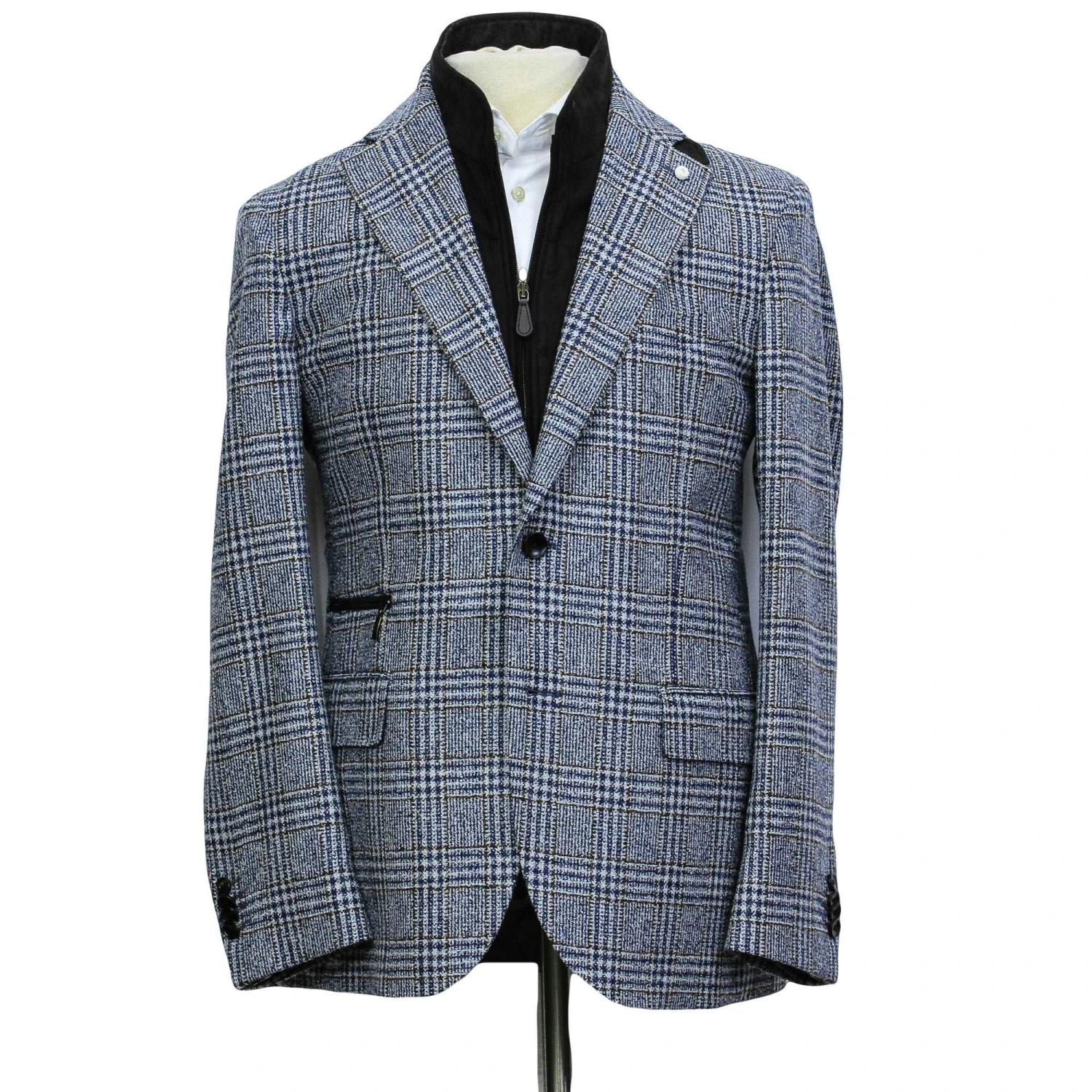 Blue & Brown Prince-of-Wales Wool Hybrid Sport Jacket With Bib - Luigi Bianchi 3 Blue & Brown Prince-of-Wales Wool Hybrid Sport Jacket With Bib - Luigi Bianchi
