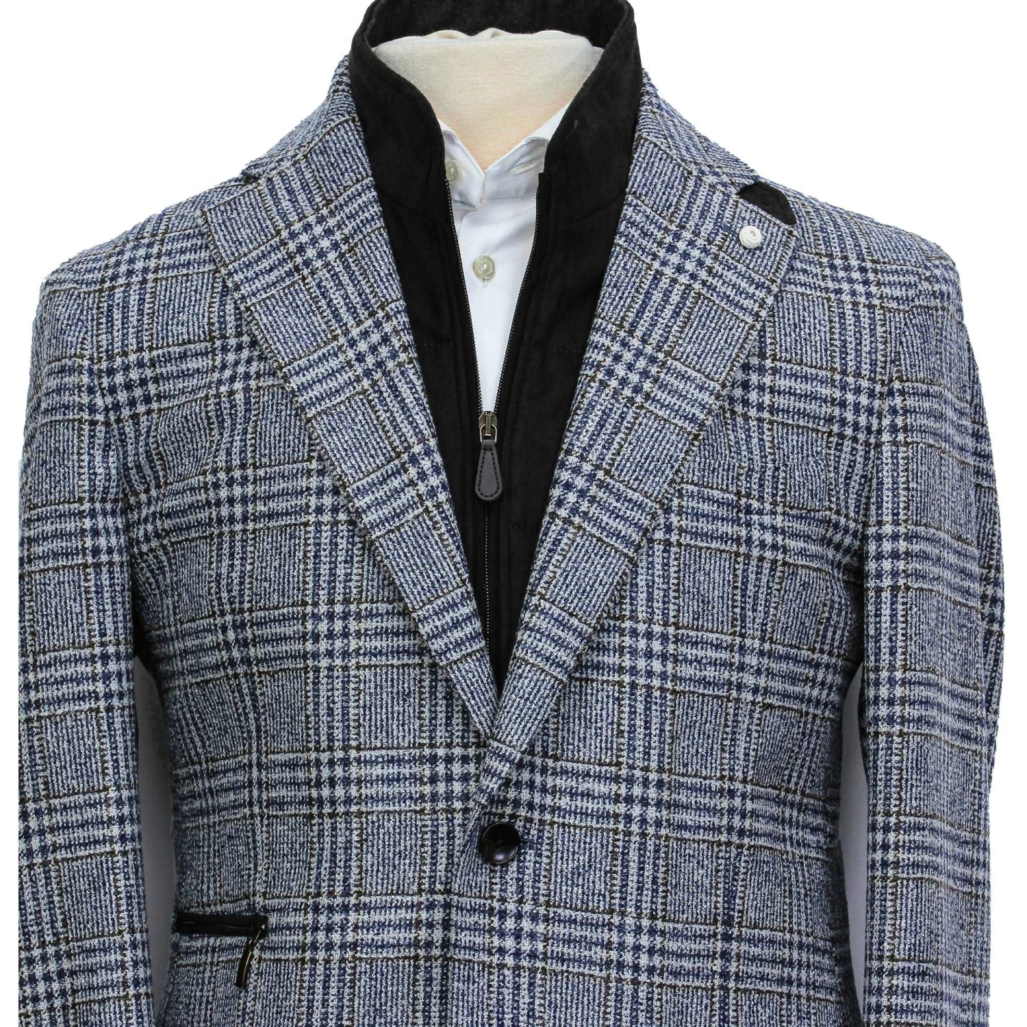 Blue & Brown Prince-of-Wales Wool Hybrid Sport Jacket With Bib - Luigi Bianchi 6 Blue & Brown Prince-of-Wales Wool Hybrid Sport Jacket With Bib - Luigi Bianchi - Image 4