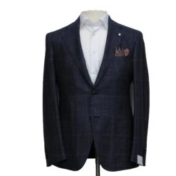 Navy Prince-of-Wales Wool/Silk/Cashmere Contemporary Fit Jacket - Luigi Bianchi