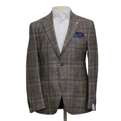 Brown & Navy Prince-of-Wales Wool/Silk/Cashmere Contemporary Fit Jacket - Luigi Bianchi