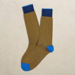 Navy / Yellow Palio Stripe Pima Cotton Mid-Calf Sock - Marcoliani