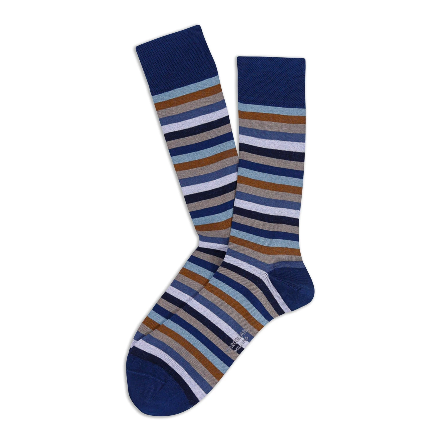 Navy & Brown Rainbow Stripe Pima Cotton Mid-Calf Socks - Marcoliani 3 Navy & Brown Rainbow Stripe Pima Cotton Mid-Calf Socks - Marcoliani