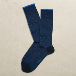 Navy Blue Micro Paisley Pima Cotton Mid-Calf Socks - Marcoliani
