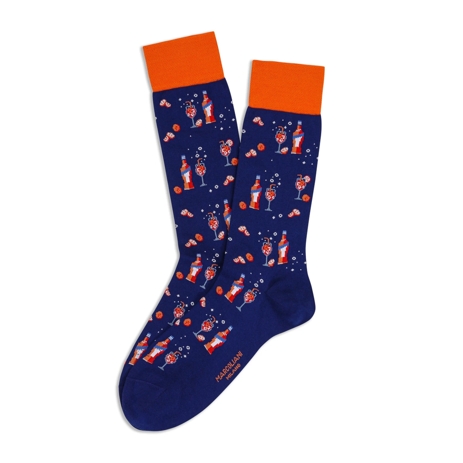 Royal Blue Aperol Spritz Motif Pima Cotton Mid-Calf Socks - Marcoliani 3 Royal Blue Aperol Spritz Motif Pima Cotton Mid-Calf Socks - Marcoliani