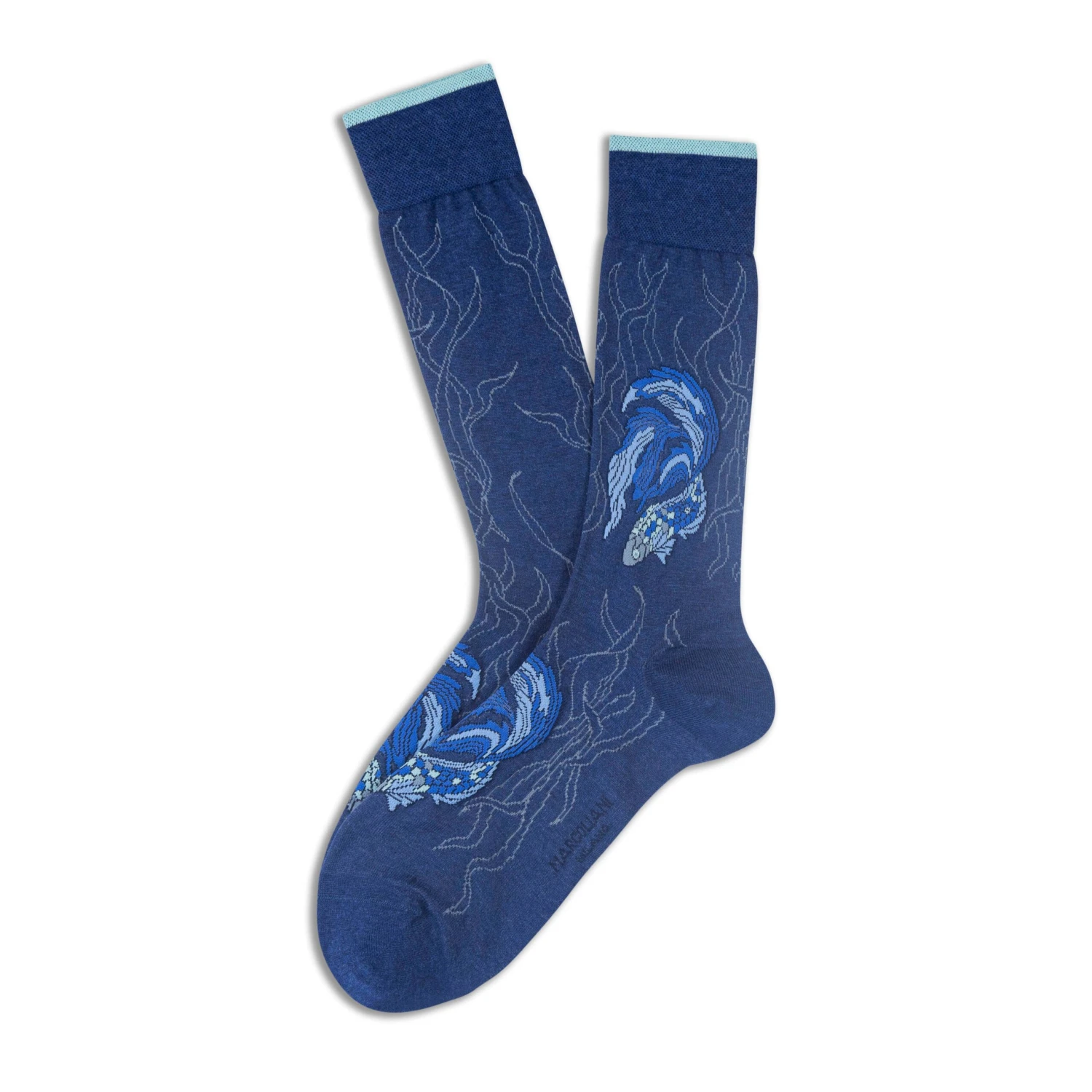 Indigo Blue Koi Fish Motif Pima Cotton Mid-Calf Socks - Marcoliani 3 Indigo Blue Koi Fish Motif Pima Cotton Mid-Calf Socks - Marcoliani