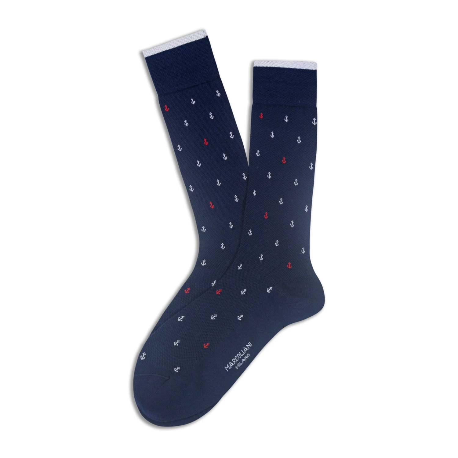 Navy & White Anchor Motif Pima Cotton Mid-Calf Socks - Marcoliani 3 Navy & White Anchor Motif Pima Cotton Mid-Calf Socks - Marcoliani