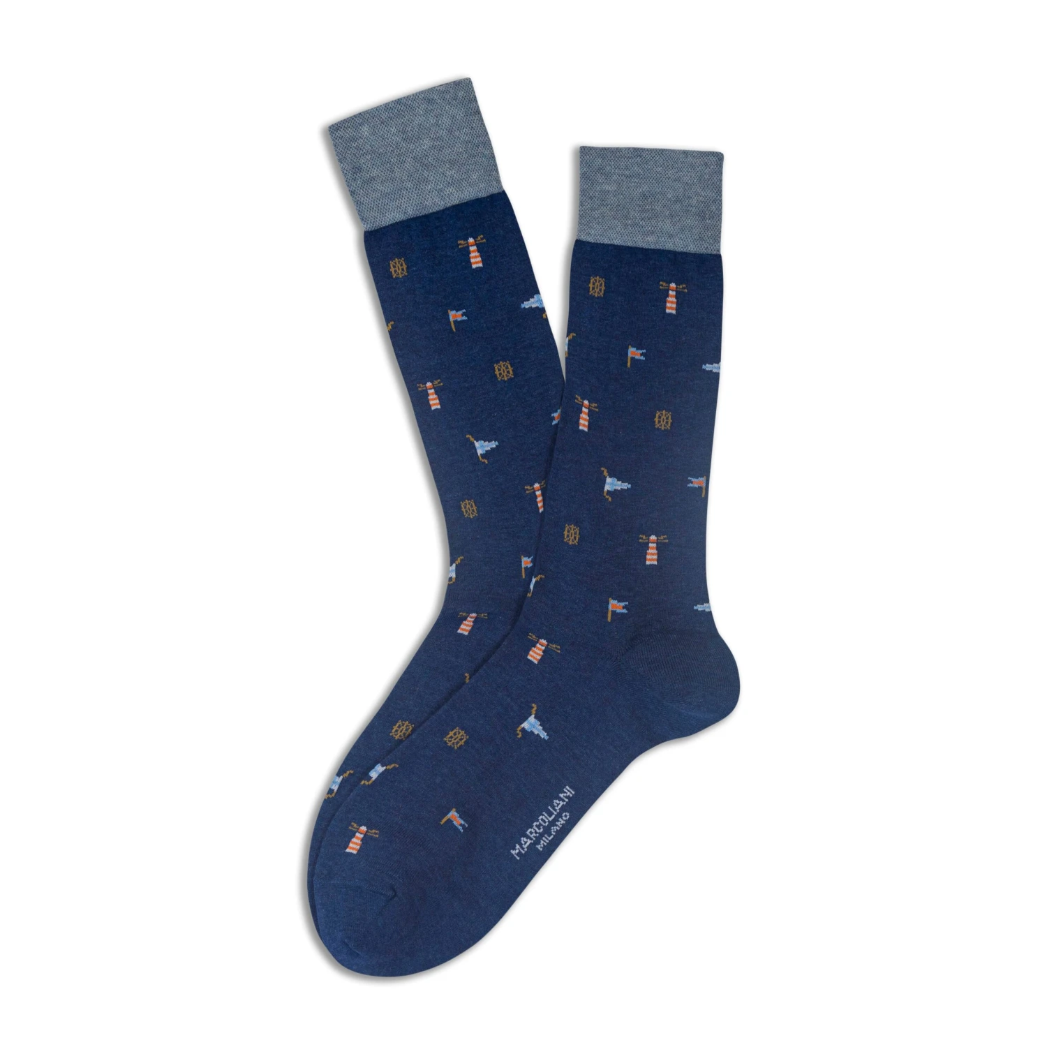 Indigo Blue Lighthouse Motif Pima Cotton Mid-Calf Socks - Marcoliani 3 Indigo Blue Lighthouse Motif Pima Cotton Mid-Calf Socks - Marcoliani