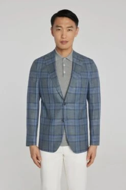 Grey And Blue Plaid Hampton Contemporary Fit Knit Wool/Silk/Linen Loro Piana Blazer - Jack Victor