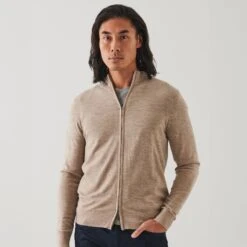 Oat Beige Merino Full-Zip Mock Neck Sweater - Patrick Assaraf