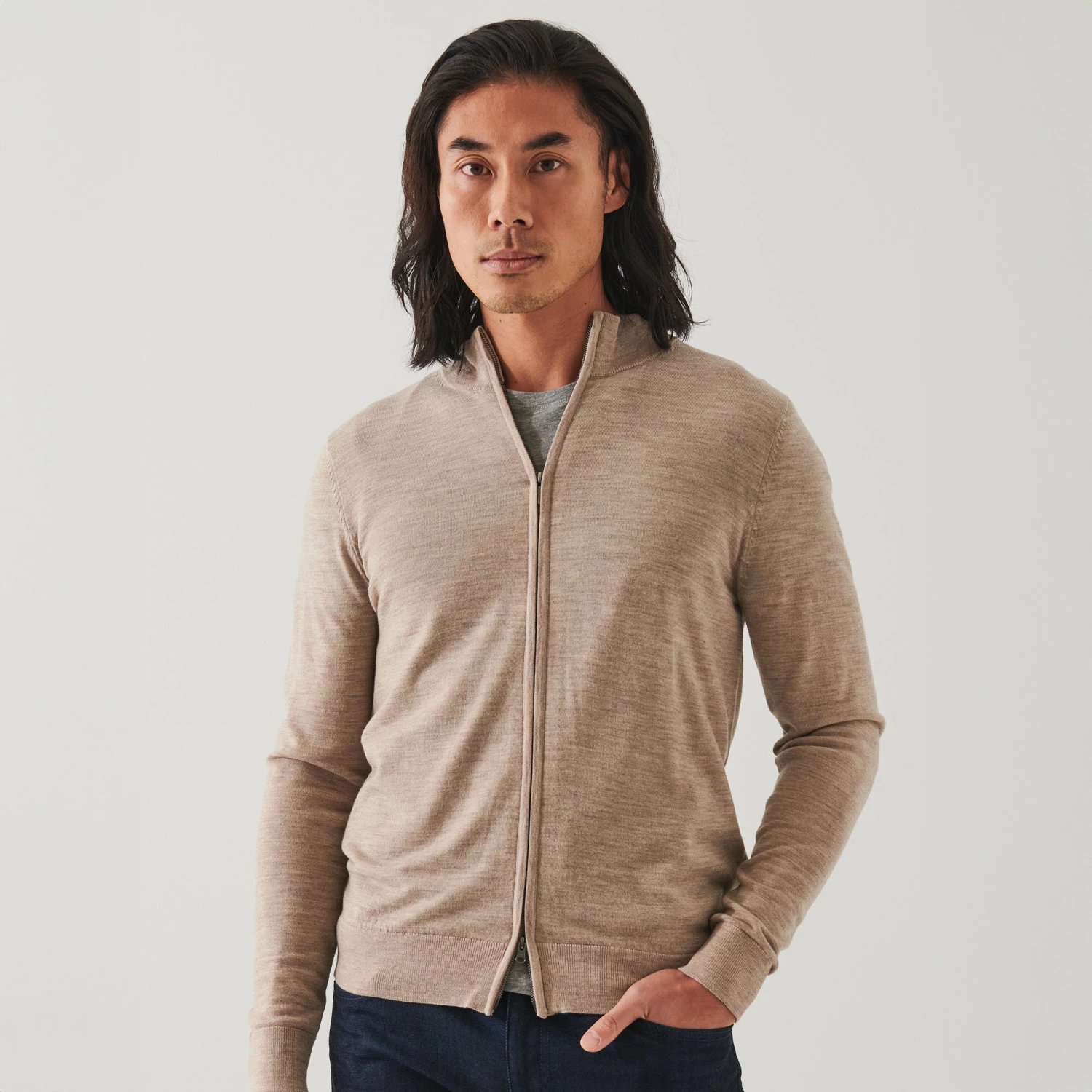 Oat Beige Merino Full-Zip Mock Neck Sweater - Patrick Assaraf 3 Oat Beige Merino Full-Zip Mock Neck Sweater - Patrick Assaraf