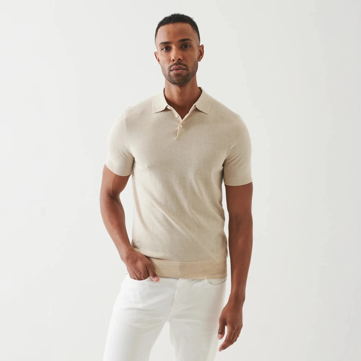Mushroom Cupro-Merino Knit Polo Shirt - Patrick Assaraf 3 Mushroom Cupro-Merino Knit Polo Shirt - Patrick Assaraf