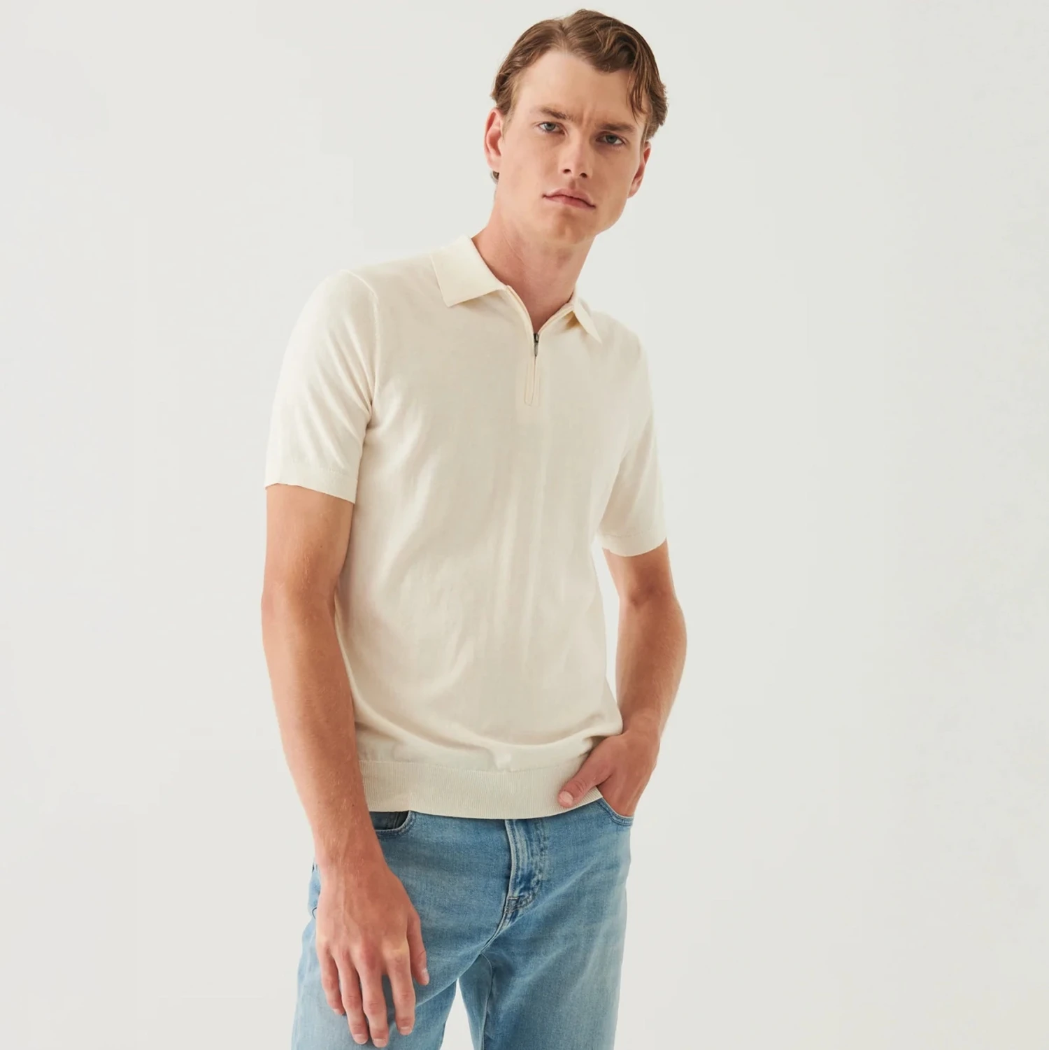 Off-White Cotton Cashmere Zip Polo - Patrick Assaraf 3 Off-White Cotton Cashmere Zip Polo - Patrick Assaraf