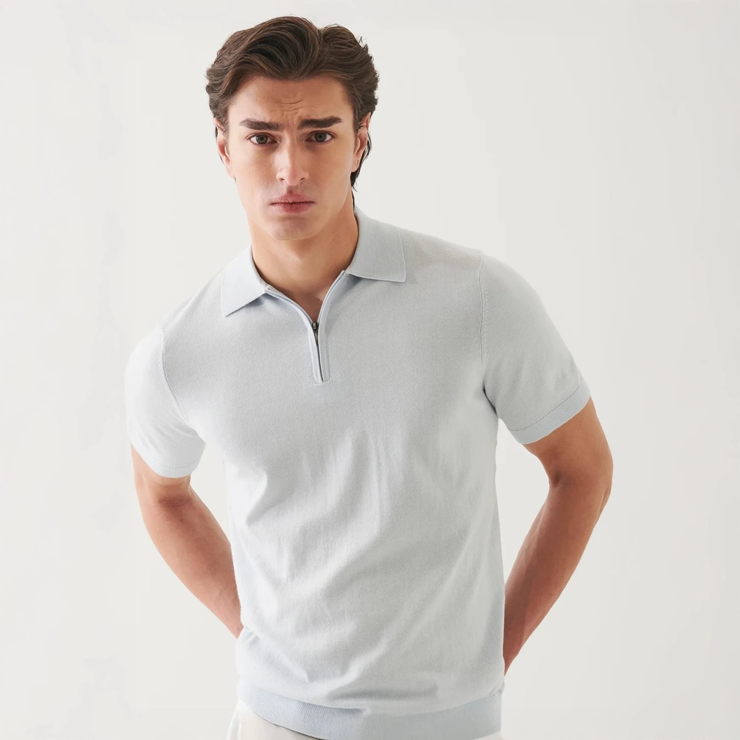 Pale Blue Cotton Cashmere Zip Polo - Patrick Assaraf 3 Pale Blue Cotton Cashmere Zip Polo - Patrick Assaraf