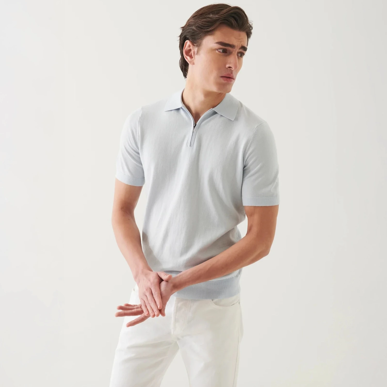 Pale Blue Cotton Cashmere Zip Polo - Patrick Assaraf 4 Pale Blue Cotton Cashmere Zip Polo - Patrick Assaraf - Image 2