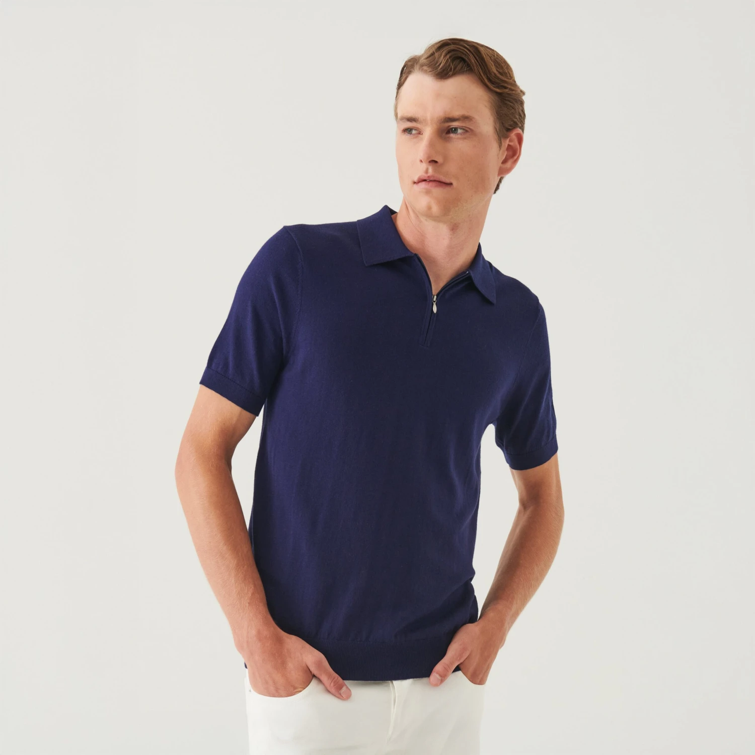 Navy Cotton Cashmere Zip Polo - Patrick Assaraf 3 Navy Cotton Cashmere Zip Polo - Patrick Assaraf