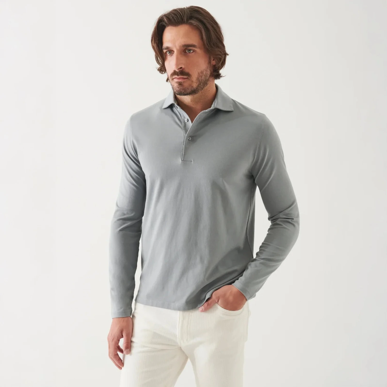 Gray Mist Mélange Long Sleeve Iconic Pima Stretch Polo - Patrick Assaraf 3 Gray Mist Mélange Long Sleeve Iconic Pima Stretch Polo - Patrick Assaraf