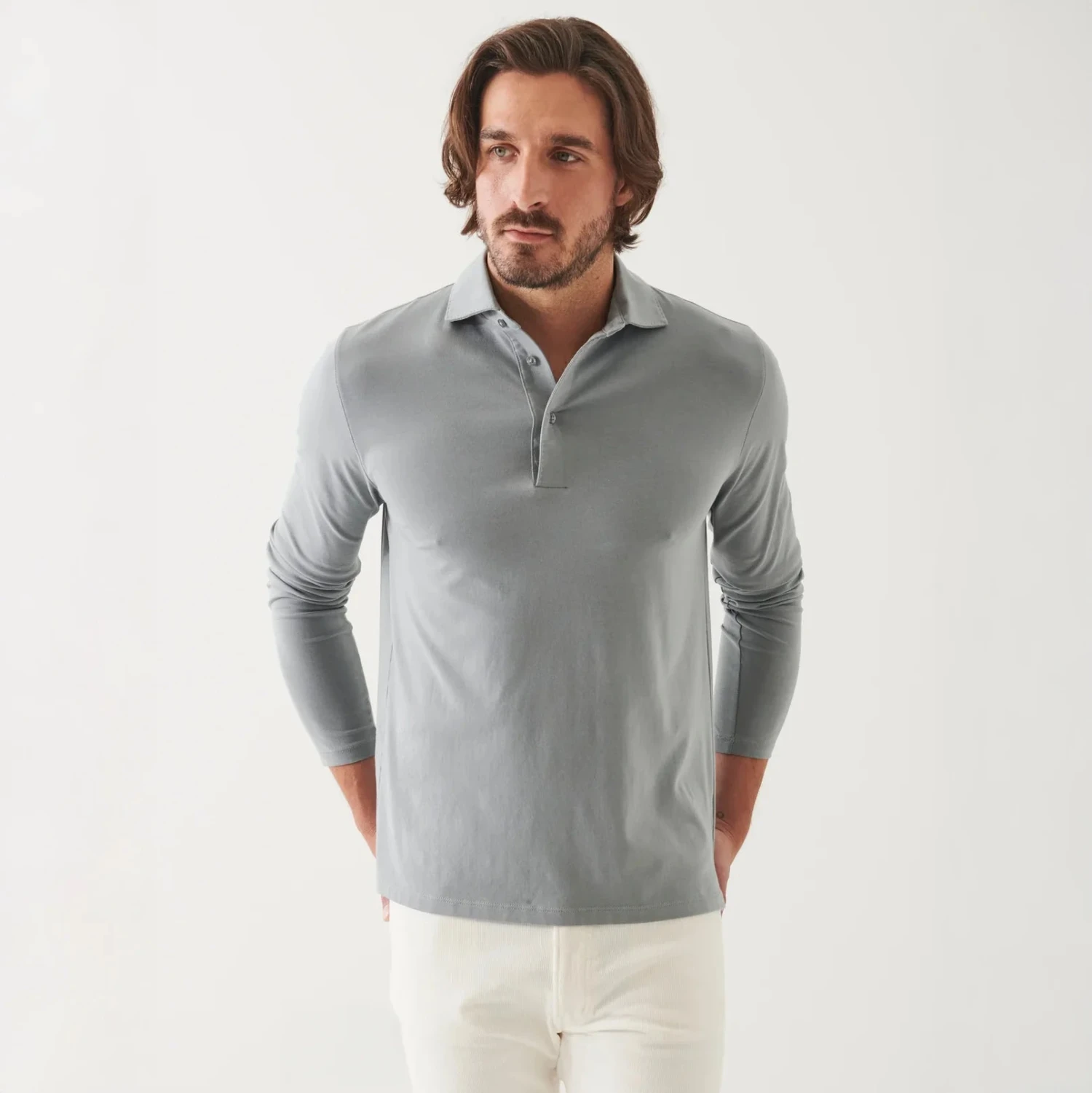 Gray Mist Mélange Long Sleeve Iconic Pima Stretch Polo - Patrick Assaraf 7 Gray Mist Mélange Long Sleeve Iconic Pima Stretch Polo - Patrick Assaraf - Image 5