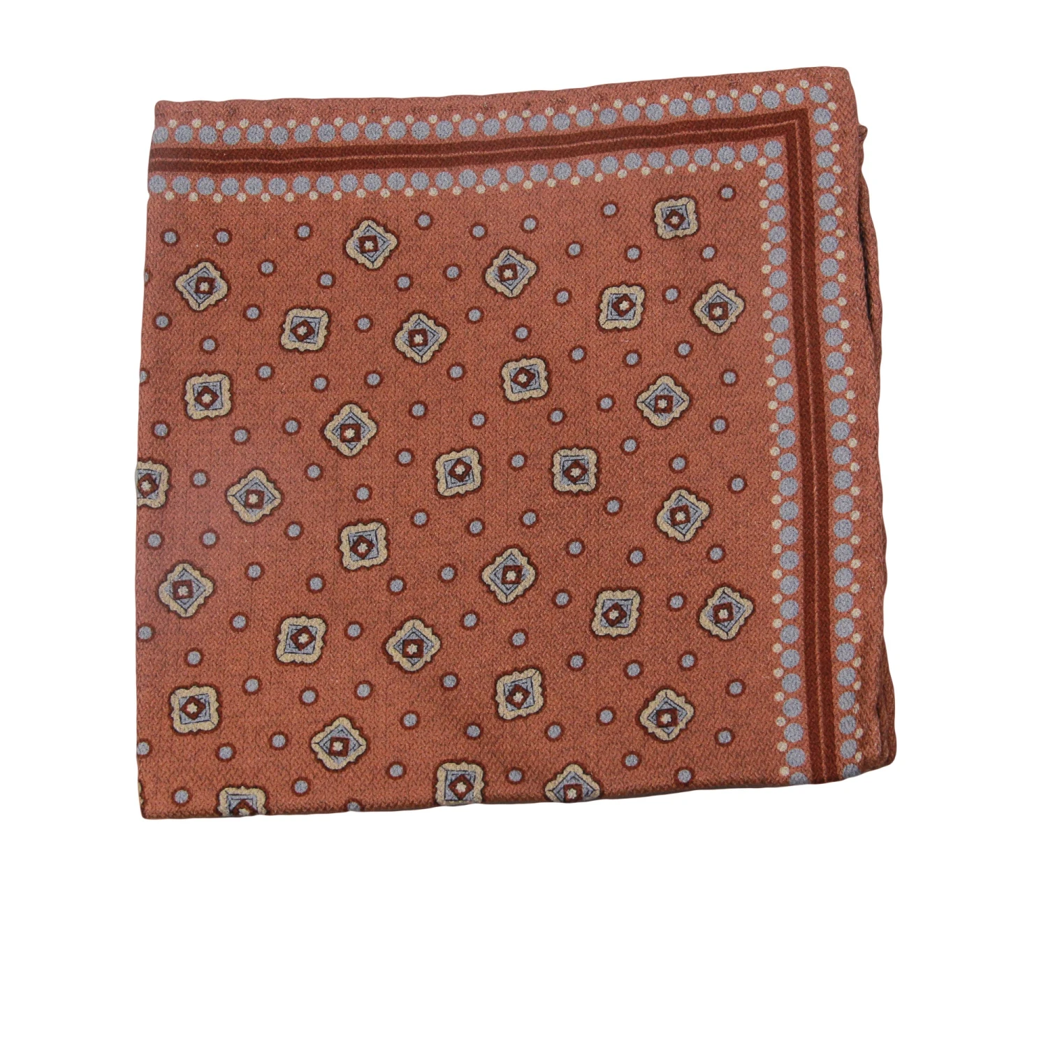 Rust & Blue Geometric Motif Reversible Silk Hankie - Paolo Albizzati 3 Rust & Blue Geometric Motif Reversible Silk Hankie - Paolo Albizzati