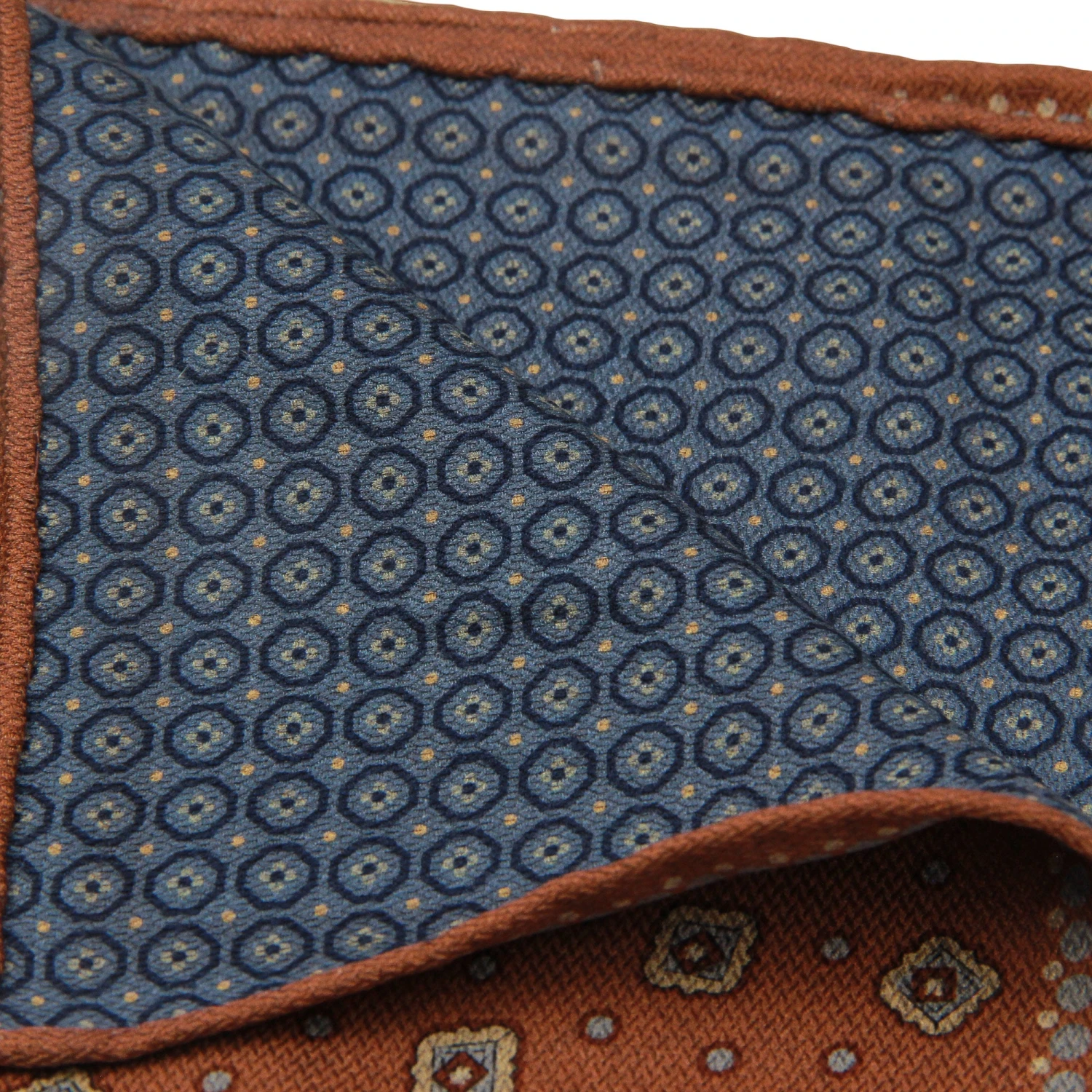 Rust & Blue Geometric Motif Reversible Silk Hankie - Paolo Albizzati 4 Rust & Blue Geometric Motif Reversible Silk Hankie - Paolo Albizzati - Image 2