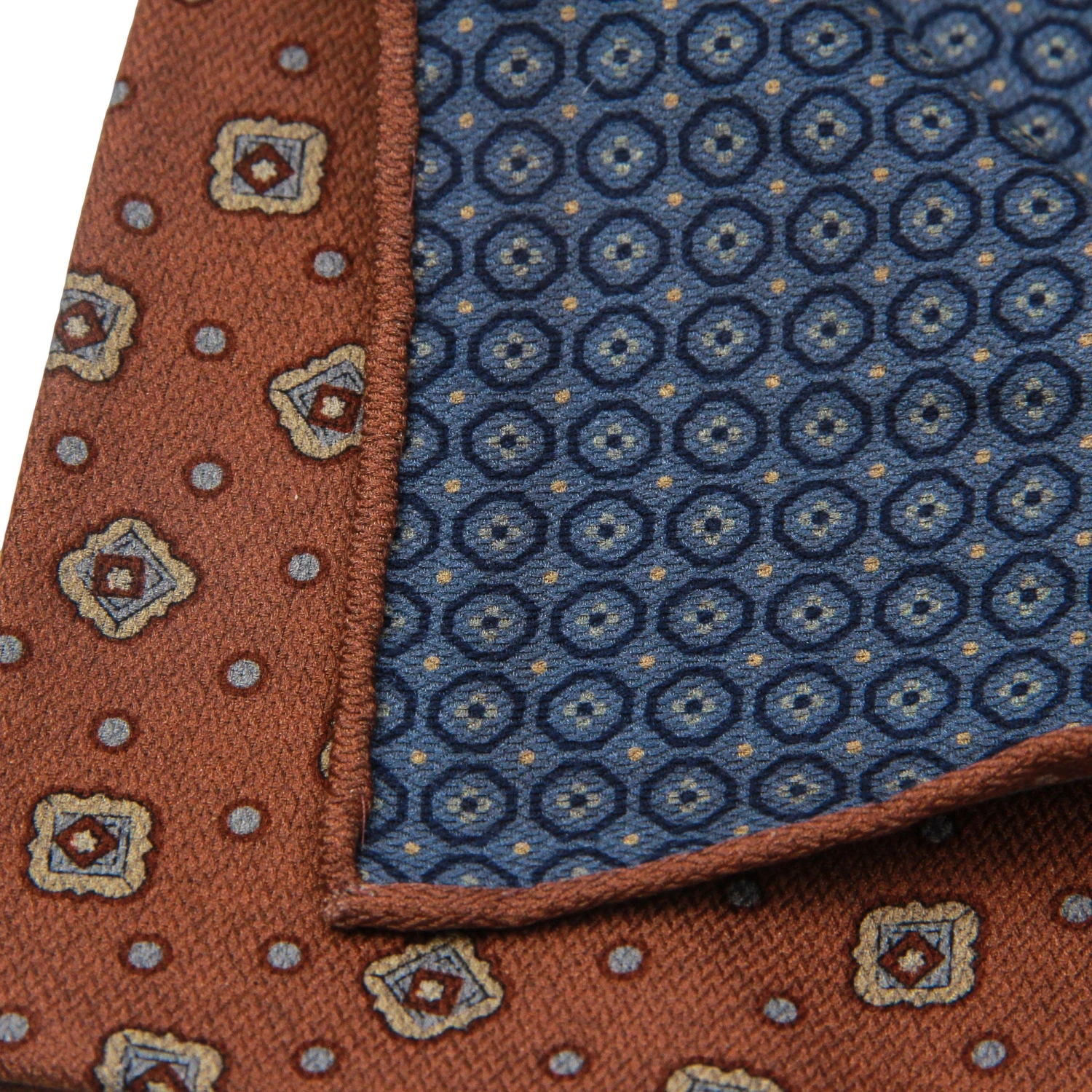 Rust & Blue Geometric Motif Reversible Silk Hankie - Paolo Albizzati 5 Rust & Blue Geometric Motif Reversible Silk Hankie - Paolo Albizzati - Image 3