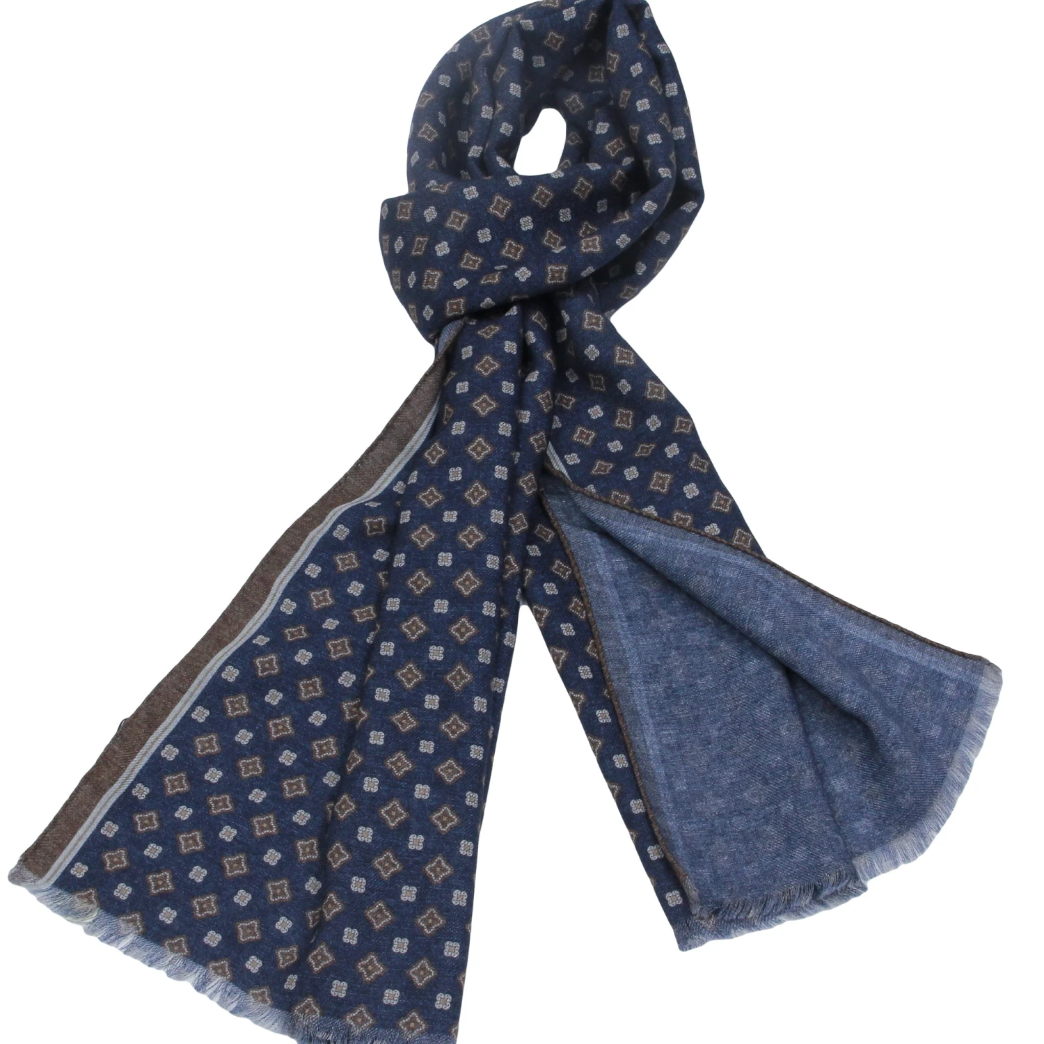 Navy & Brown Medallion Reversible Wool Scarf - Paolo Albizzati 3 Navy & Brown Medallion Reversible Wool Scarf - Paolo Albizzati