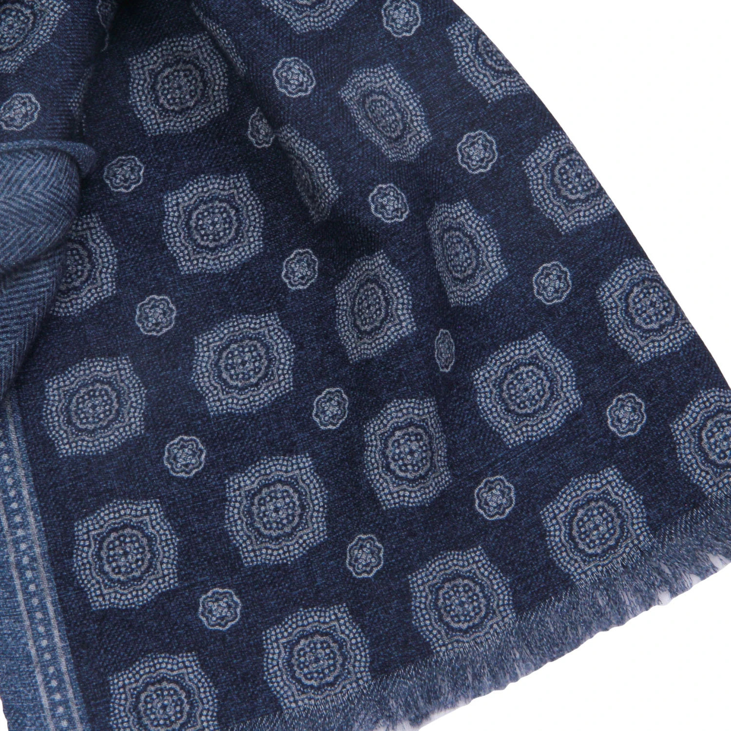 Blue Medallion/Herringbone Reversible Wool Scarf - Paolo Albizzati 4 Blue Medallion/Herringbone Reversible Wool Scarf - Paolo Albizzati - Image 2
