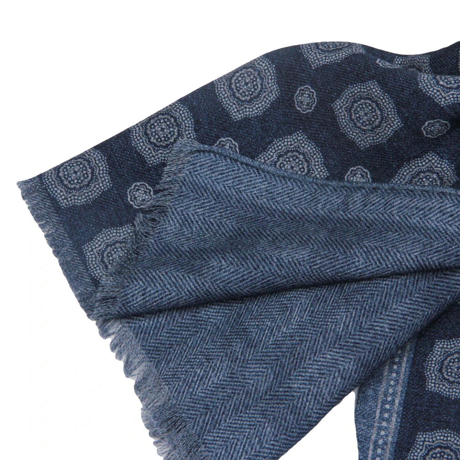 Blue Medallion/Herringbone Reversible Wool Scarf - Paolo Albizzati 5 Blue Medallion/Herringbone Reversible Wool Scarf - Paolo Albizzati - Image 3