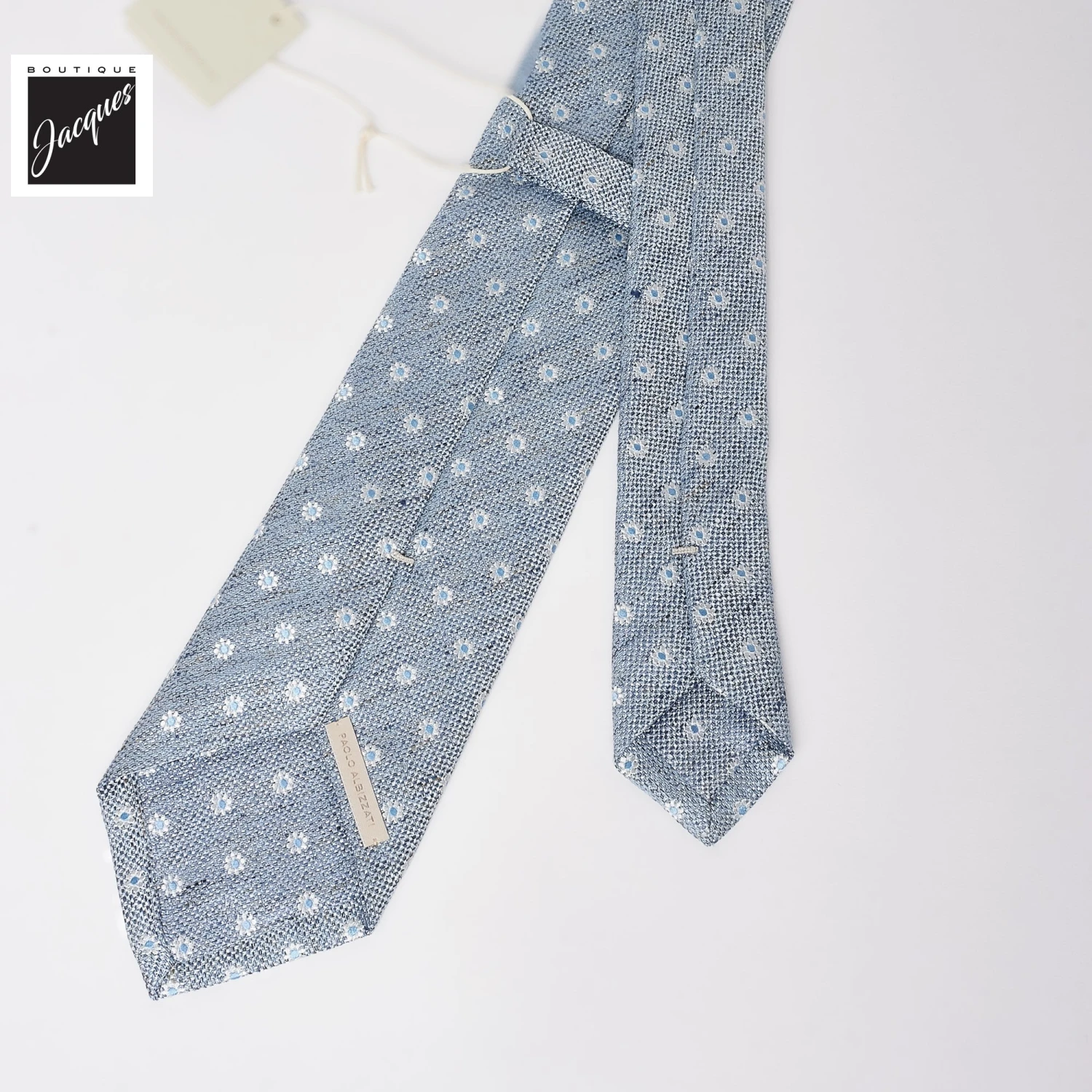 Light Blue Floral Pattern Silk-Linen Tie - Paolo Albizzati 5 Light Blue Floral Pattern Silk-Linen Tie - Paolo Albizzati - Image 3