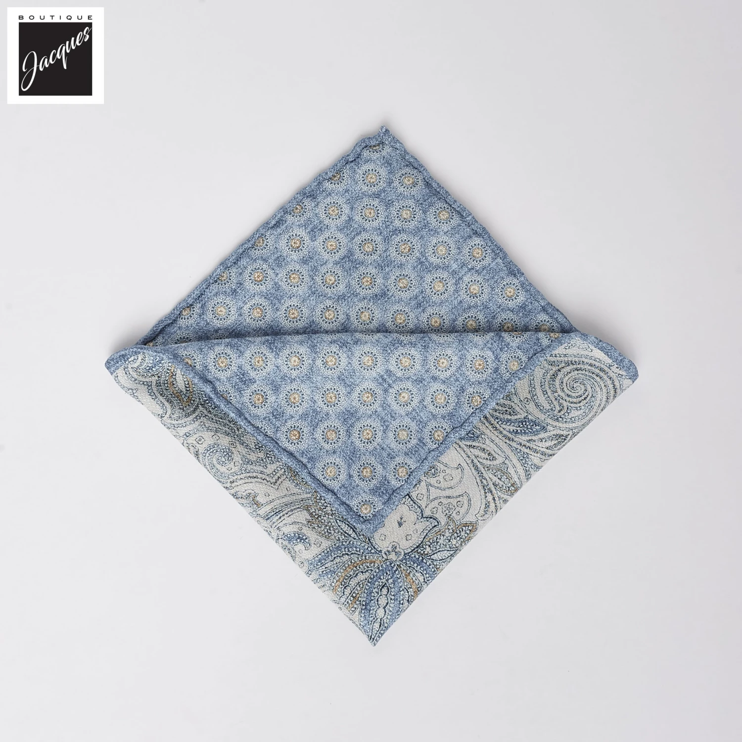 Light Blue Reversible Paisley/Medallion Silk Pocket Square - Paolo Albizzati 5 Light Blue Reversible Paisley/Medallion Silk Pocket Square - Paolo Albizzati - Image 3