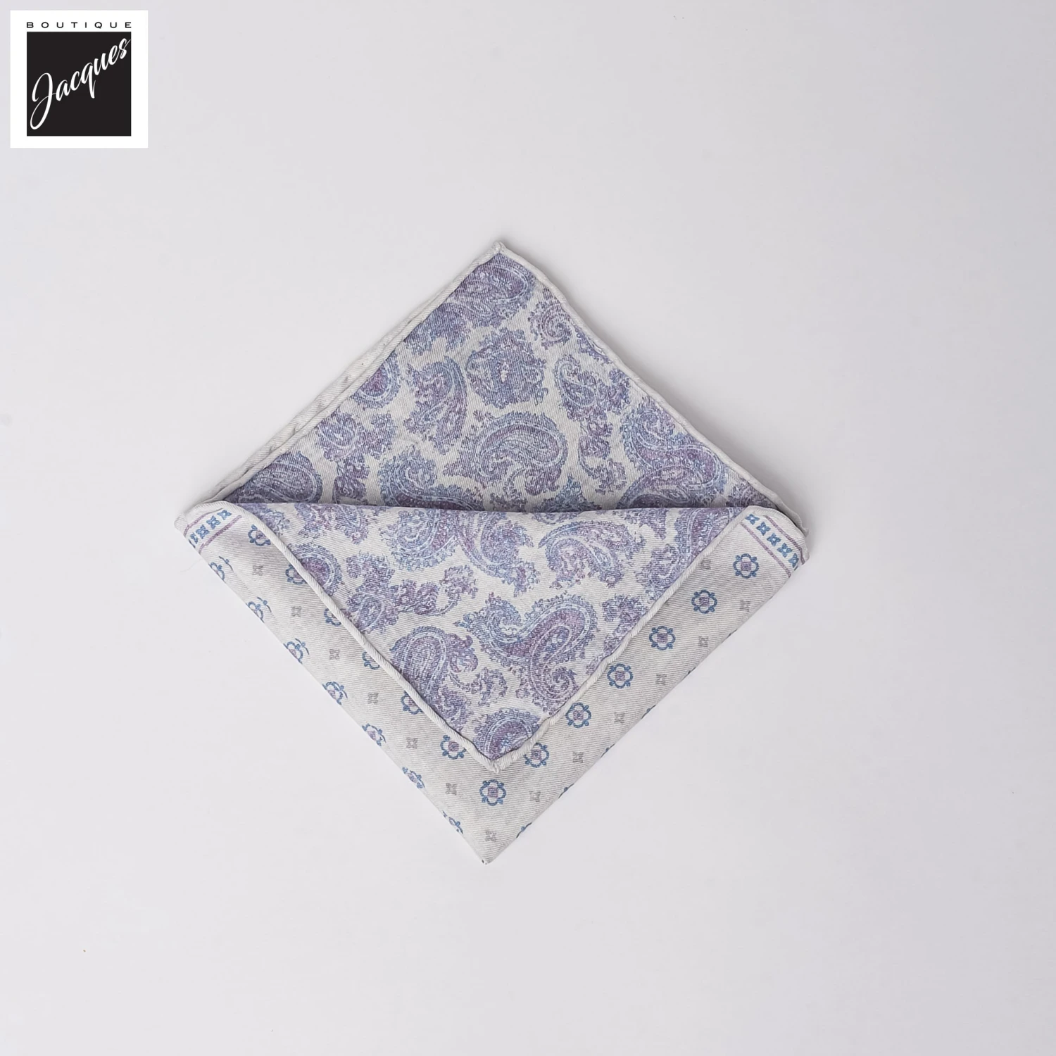 Ivory & Mauve Reversible Geometric/ Paisley Cotton-Silk Pocket Square - Paolo Albizzati 3 Ivory & Mauve Reversible Geometric/ Paisley Cotton-Silk Pocket Square - Paolo Albizzati
