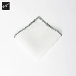 White W/ Green Contrast-Stitched Edges Linen Pocket Square - Paolo Albizzati