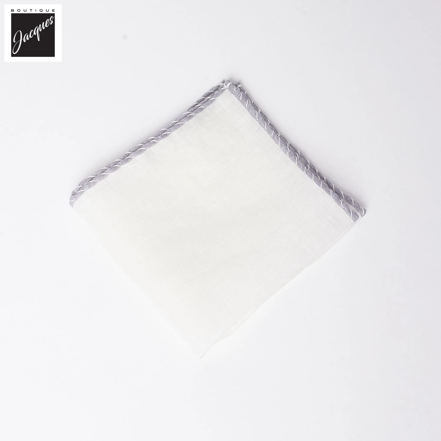 White W/ Gray Contrast-Stitched Edges Linen Pocket Square - Paolo Albizzati 3 White W/ Gray Contrast-Stitched Edges Linen Pocket Square - Paolo Albizzati