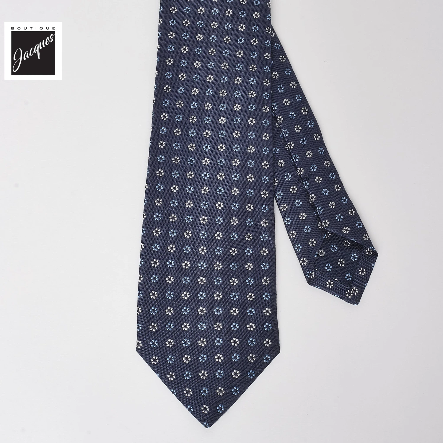 Dark Blue Floral Pattern Linen-Silk Tie - Paolo Albizzati 5 Dark Blue Floral Pattern Linen-Silk Tie - Paolo Albizzati - Image 3