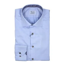 Blue Twill Fitted Body Shirt W/ Floral Contrast Trims - Stenströms