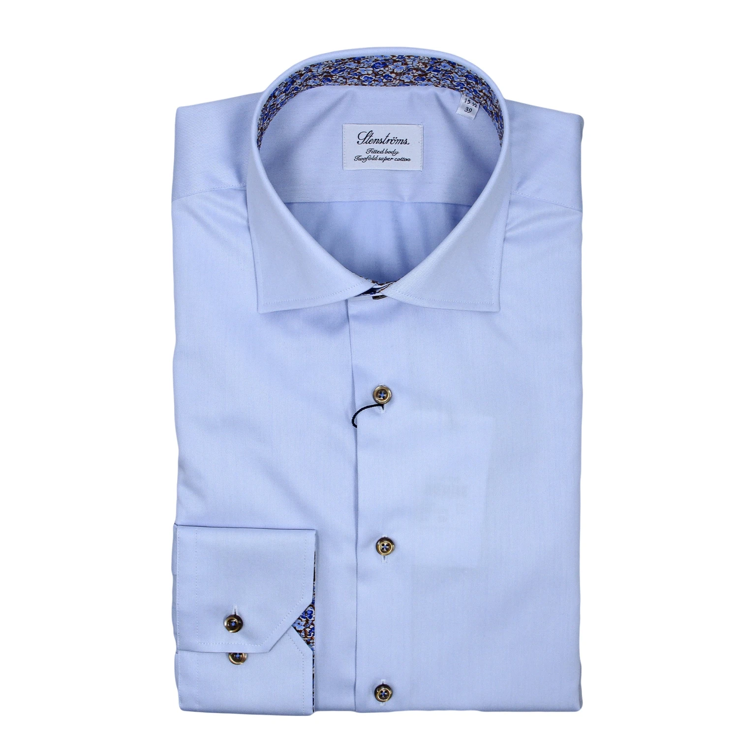 Blue Twill Fitted Body Shirt W/ Floral Contrast Trims - Stenströms 3 Blue Twill Fitted Body Shirt W/ Floral Contrast Trims - Stenströms