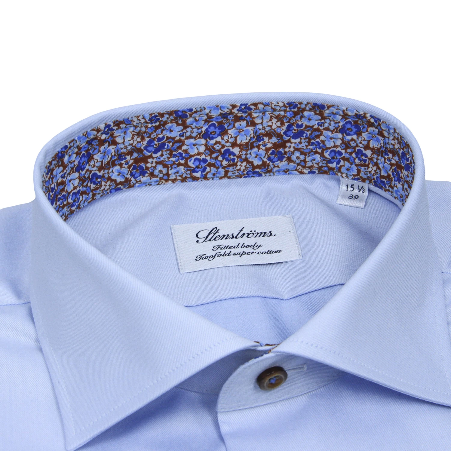 Blue Twill Fitted Body Shirt W/ Floral Contrast Trims - Stenströms 4 Blue Twill Fitted Body Shirt W/ Floral Contrast Trims - Stenströms - Image 2