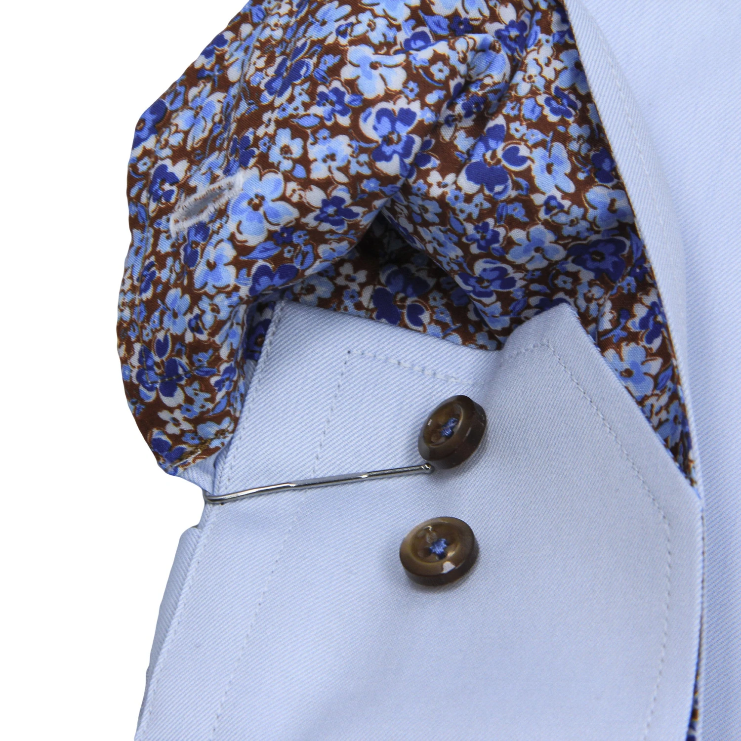 Blue Twill Fitted Body Shirt W/ Floral Contrast Trims - Stenströms 5 Blue Twill Fitted Body Shirt W/ Floral Contrast Trims - Stenströms - Image 3