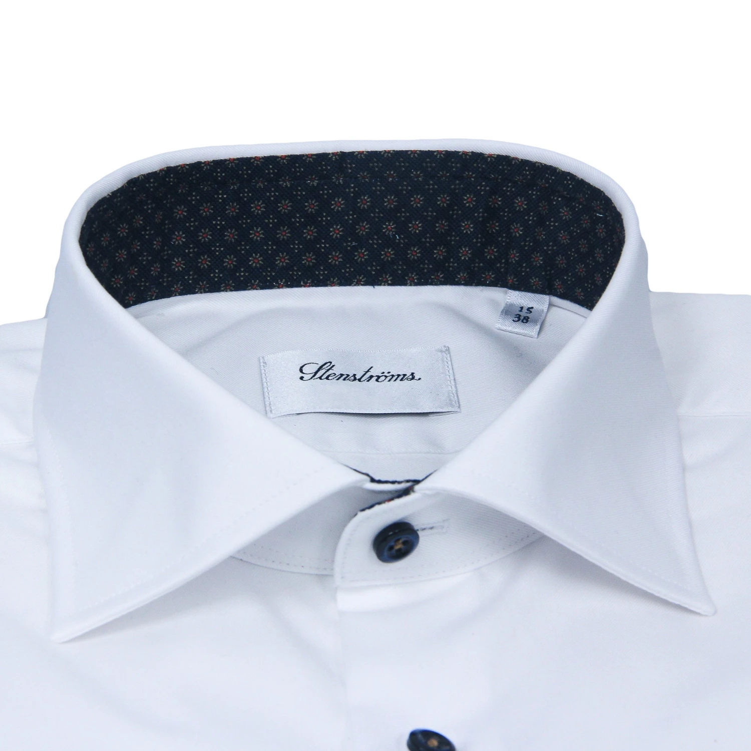 White Twill Slimline Shirt W/ Navy Floral Contrast - Stenströms 4 White Twill Slimline Shirt W/ Navy Floral Contrast - Stenströms - Image 2